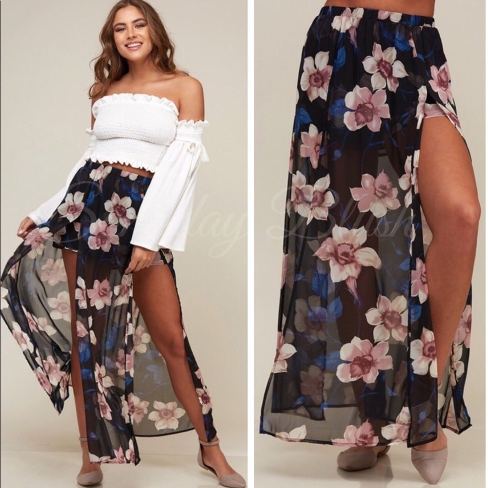 Floral Sheer Black Maxi Skirt with Side Slit